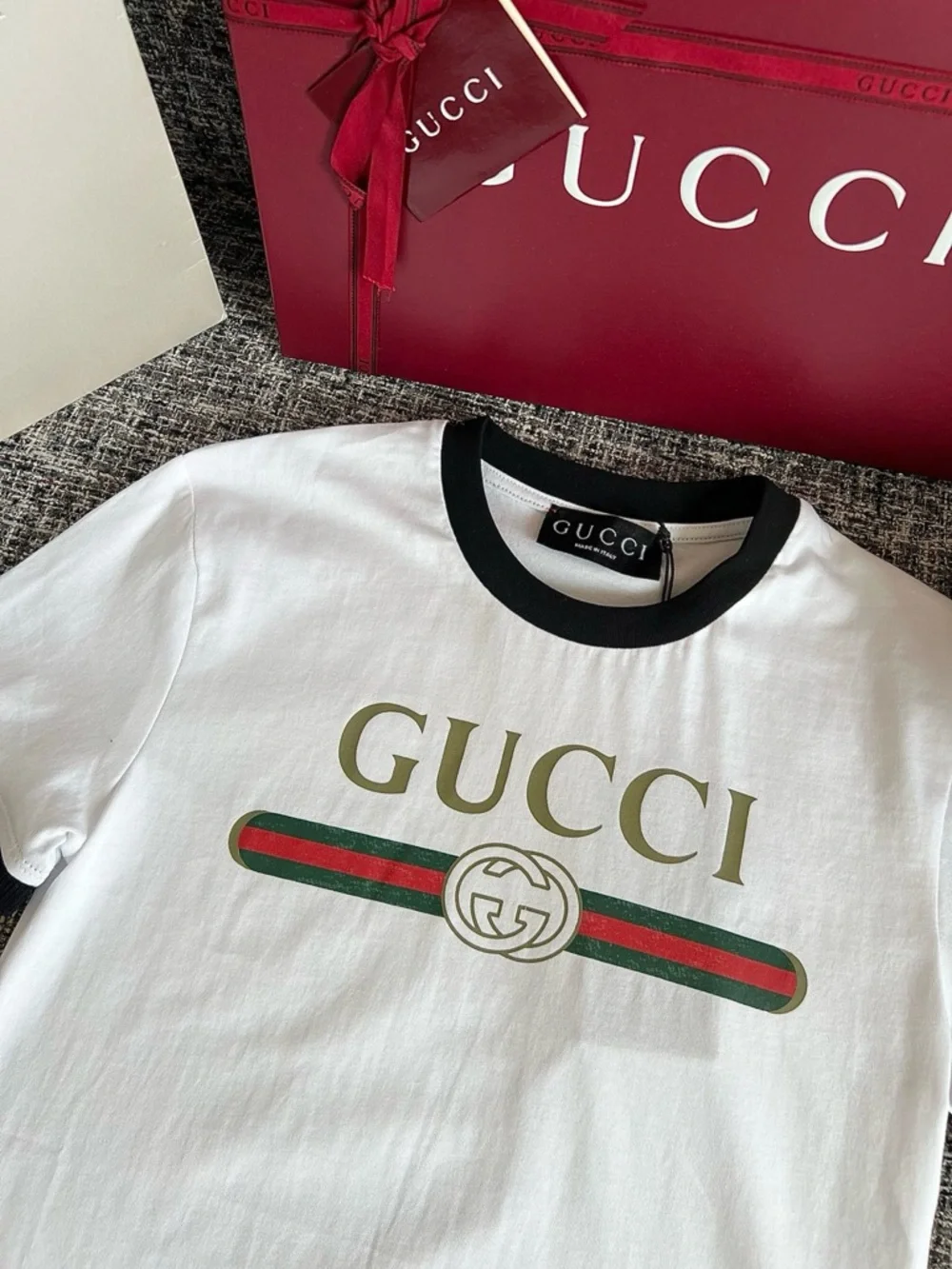 Gucci White Tee with Black Trim and Red-Green Web Stripe - Picture 2 of 9